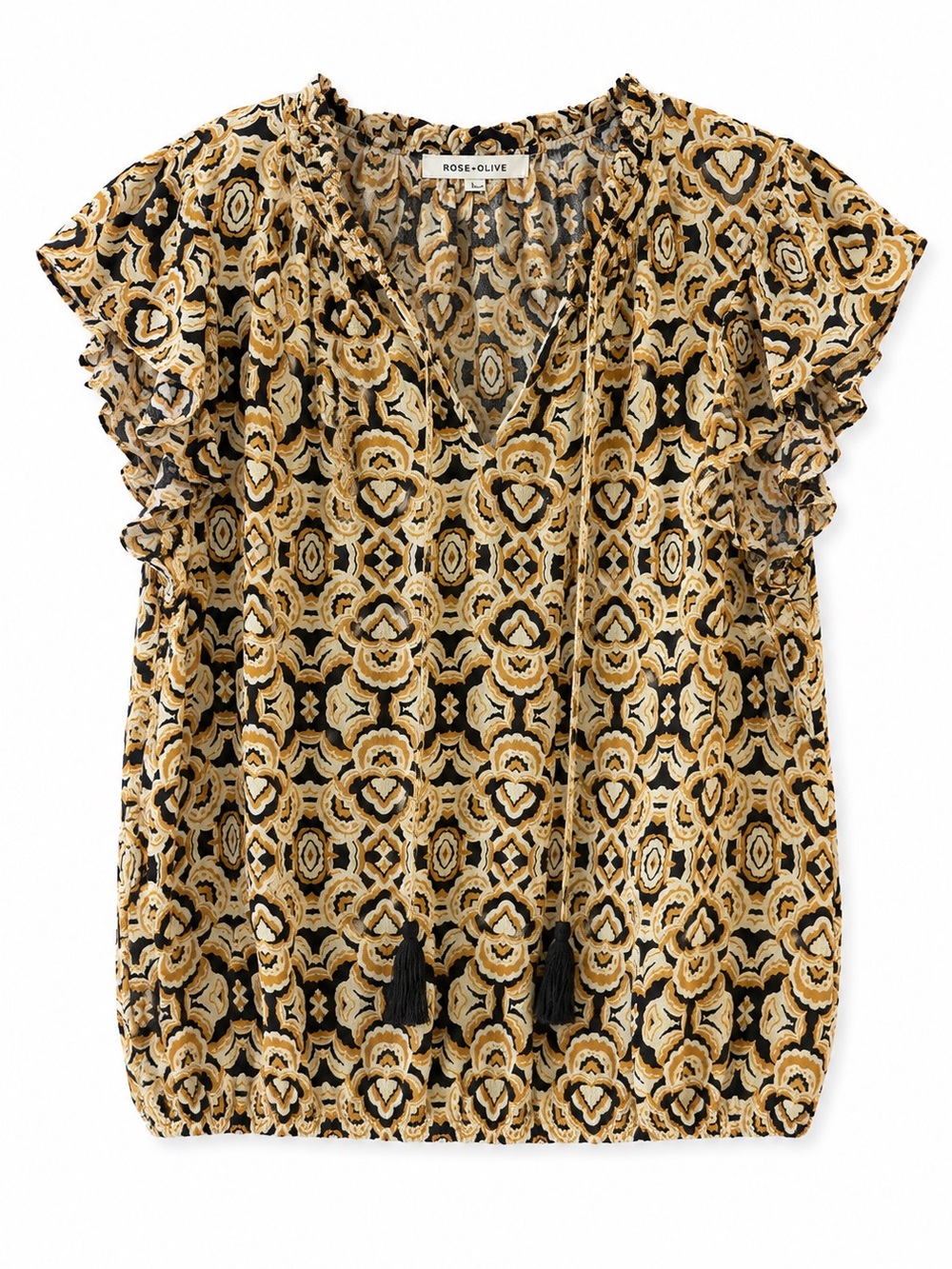 Rose + Olive Gold Black Ikat Print Flowy Cap Sleeve Blouse Size L